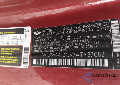 2010 Mini Cooper Clubman from USA, damaged, VIN WMWML3C59ATX37082